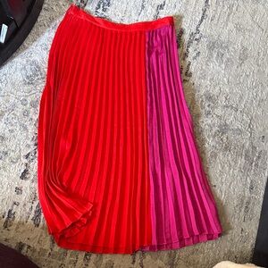 Pleated Two-Tone Red & Fuchsia Midi Skirt